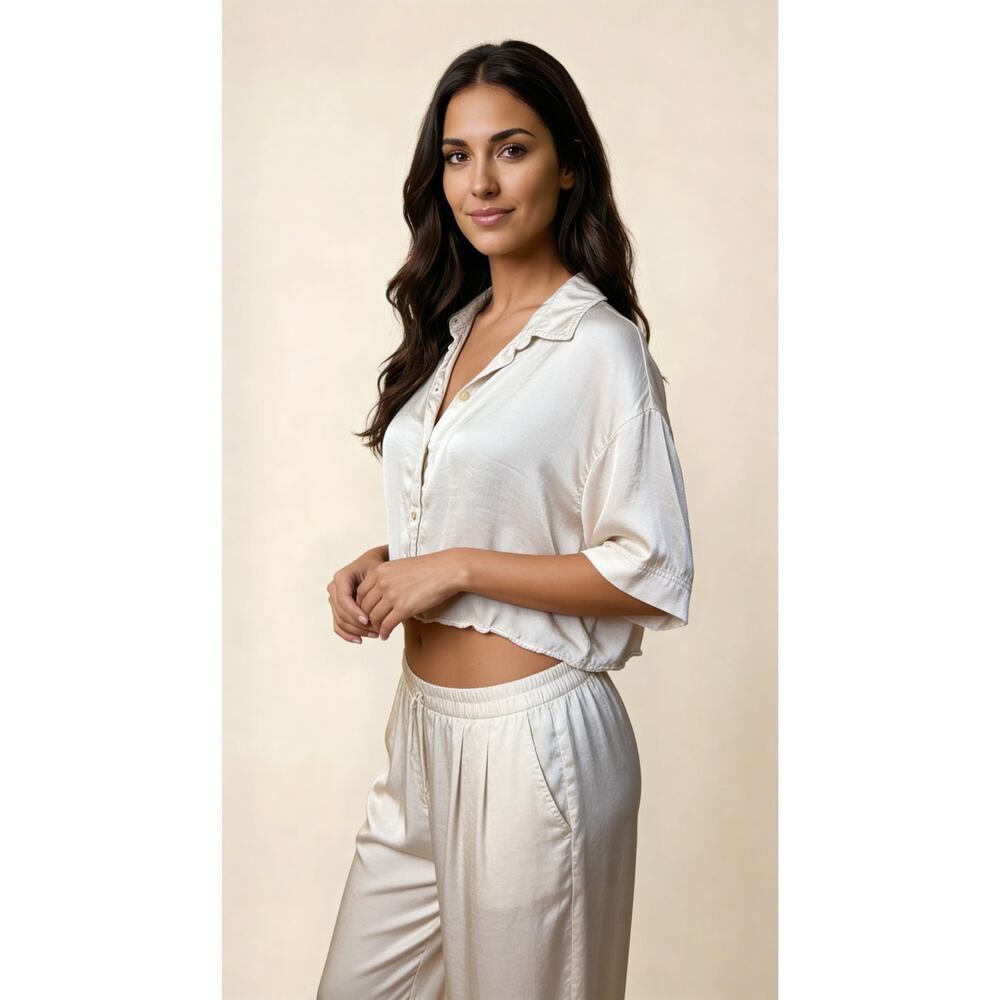 Polyester cropped blouse, Zara, short sleeve button-up shirt (Top only)